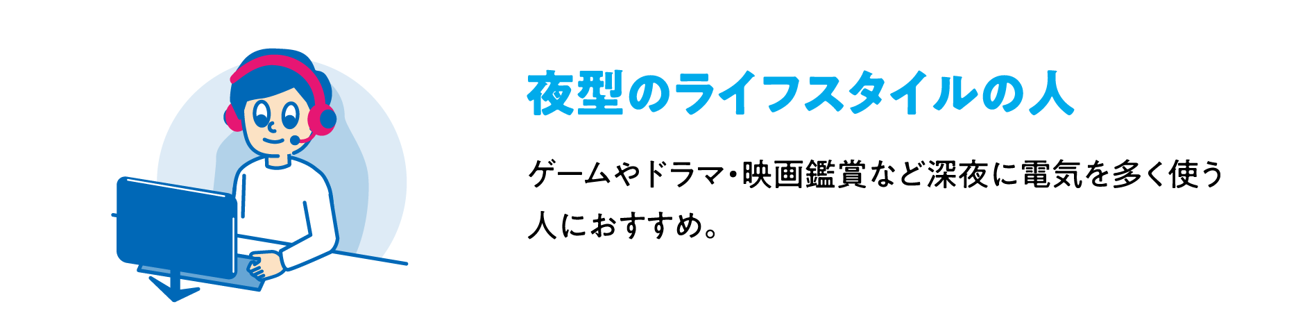 夜型のライフスタイルの人 ゲームやドラマ・映画鑑賞など深夜に電気を多く使う人におすすめ。